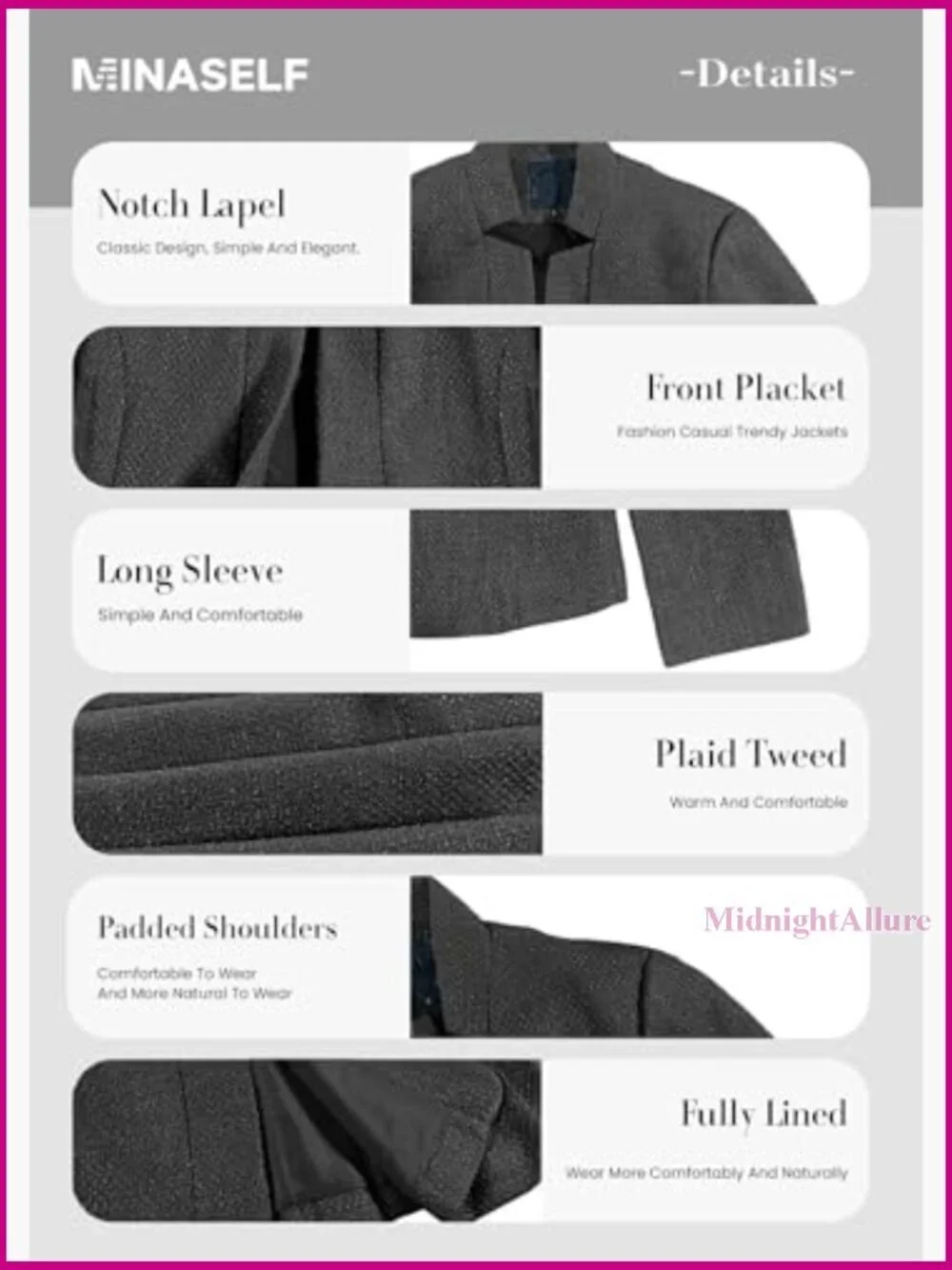 Lightweight Tweed Blazer Open Front Notch Collar Lined Business Casual Office
